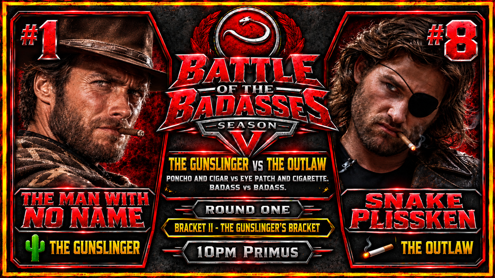 Archive match card: The Man With No Name versus Snake Plissken